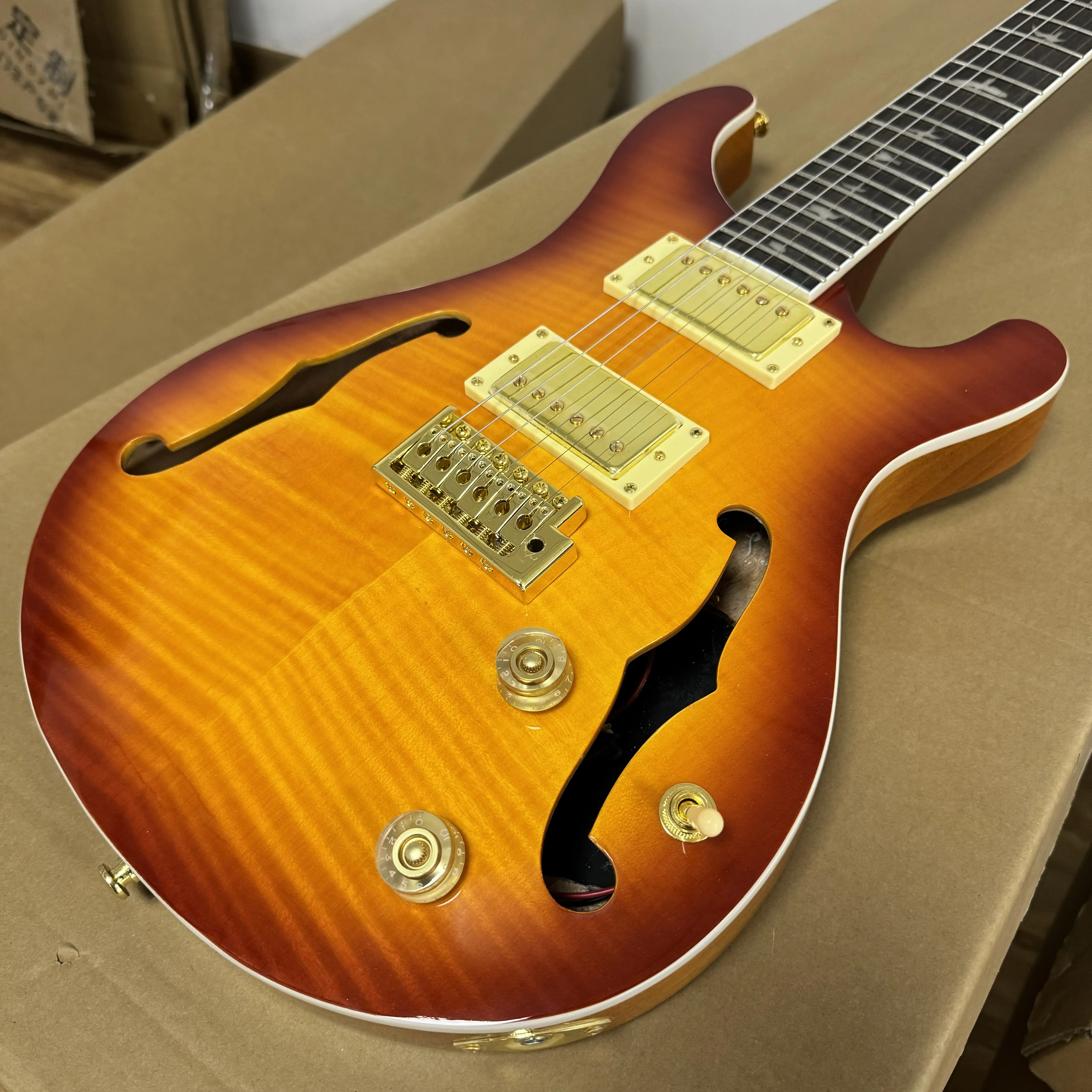 US Warehouse Sunburst Semi‑Hollow Electric Guitar Flame Maple Top HH Gold Pickups Bird Inlay F‑Hole