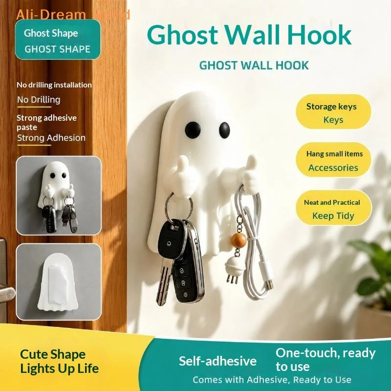 (Cute Ghost Wall Hook No Drill Self‑adhesive Hook Halloween Cartoon Wall Decor Waterproof Adhesive Hanger For Bathroom Kitchen)