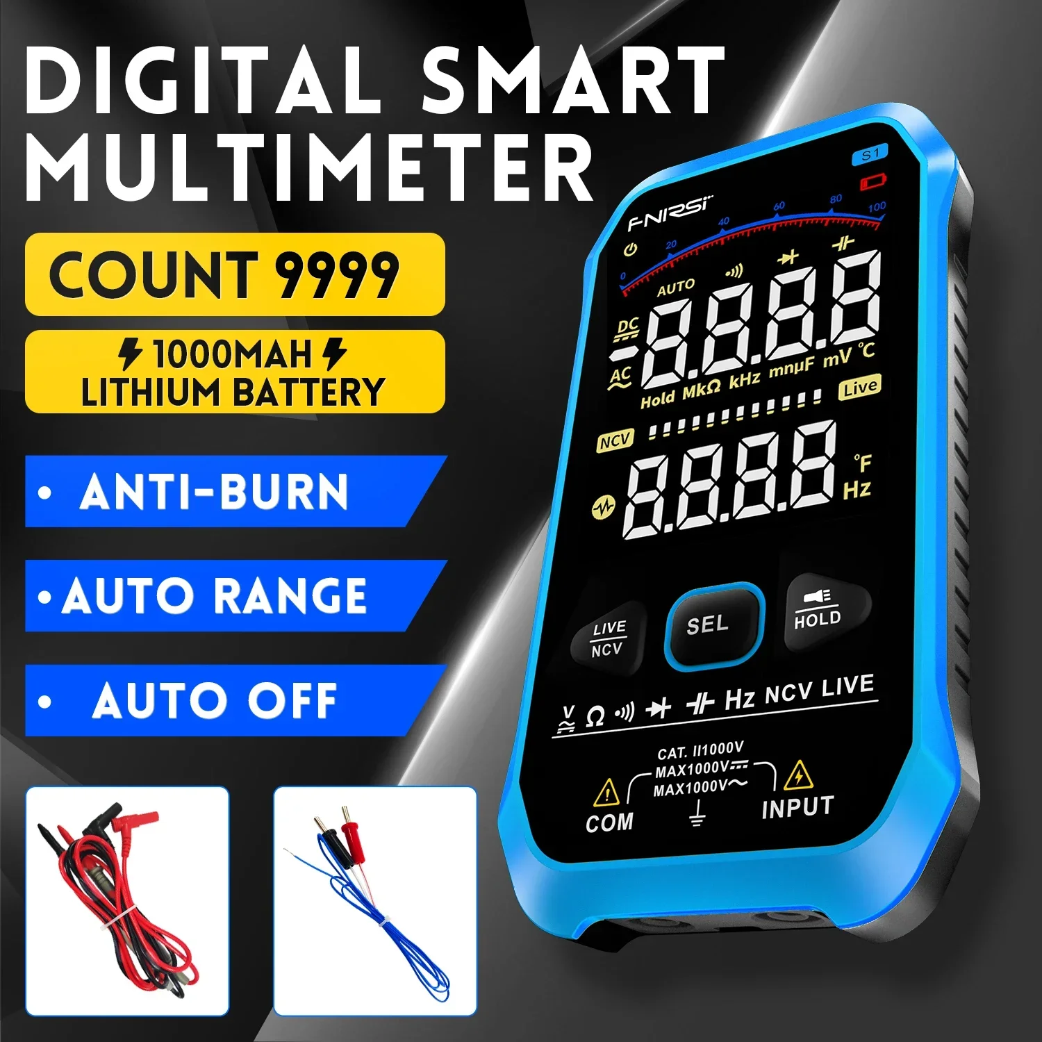 S1 Digital 9999-counts Multimeter For AC/DC Voltage Resistance Capacitance Diode NCV Hertz Live Wire Testing with Thermocouple