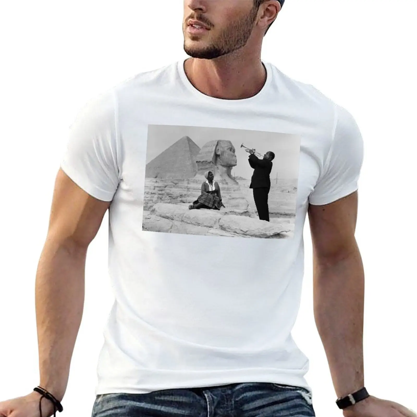 Black and White Photo of Louis Armstrong at the Egyptian Sphinx T-Shirt sweat shirts graphic tee luxury clothes men