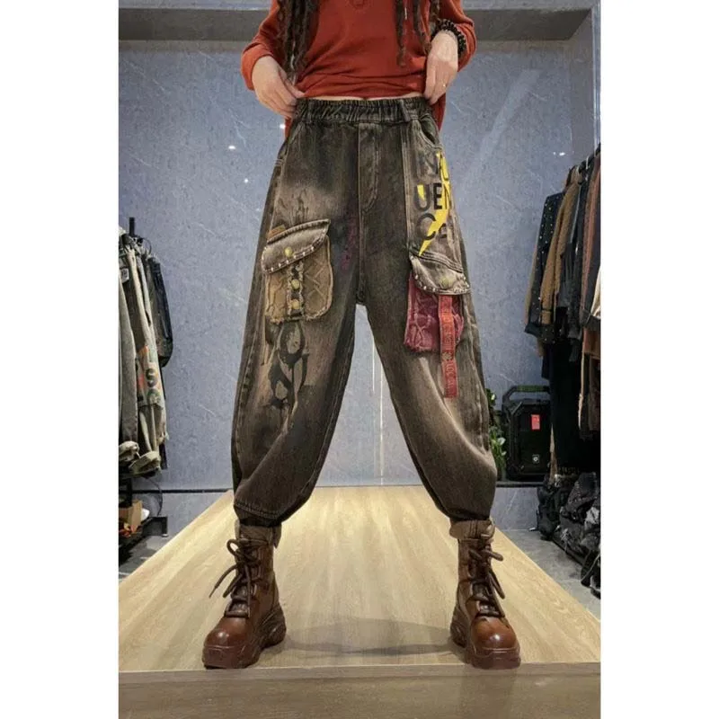 

Faionable Harajuku Sle Women's Jeans Spring Autumn Loose Fit Versatile High Waist Long Pants Diamond Studded Denim