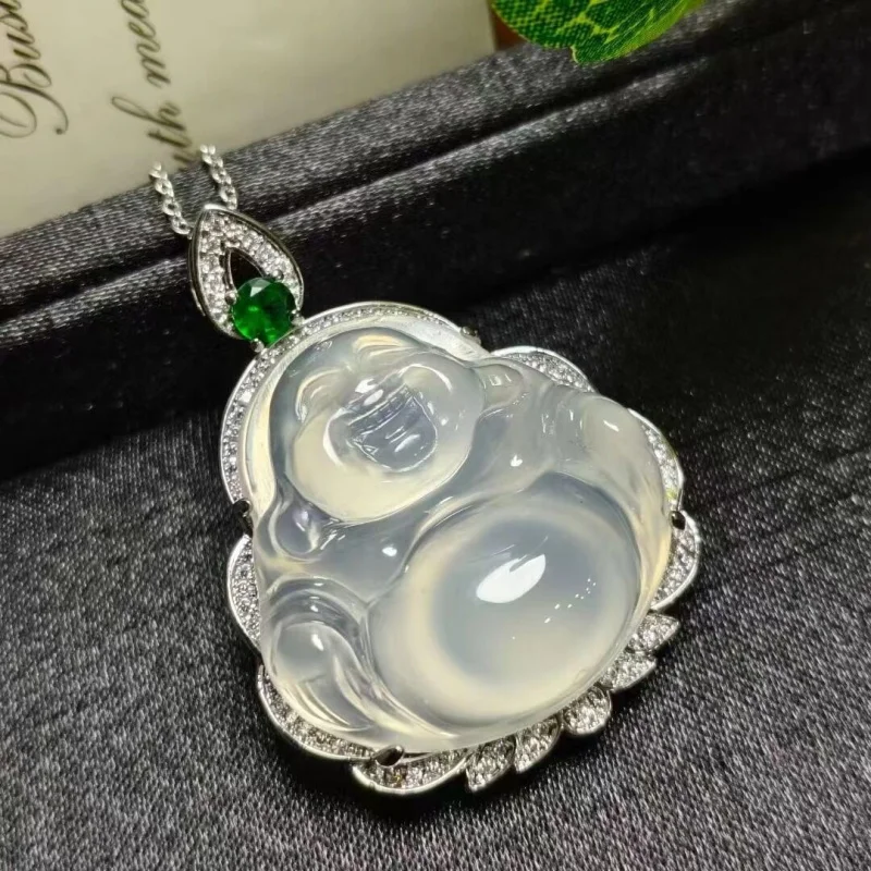 

Silver-plated pendant with white chalcedony featuring a Laughing Buddha