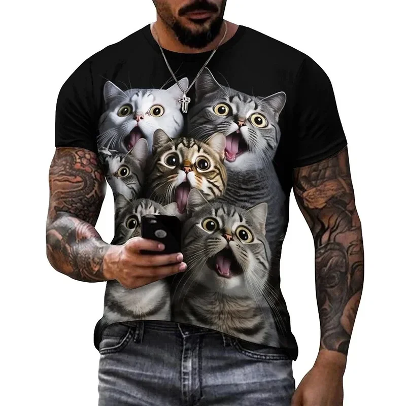 3D-Druck Bunte Lustige Katzen-Grafik T-Shirts für Männer Sommer Kurzarm Herren Tee Tops Mode Lässig Übergrößen Streetwear