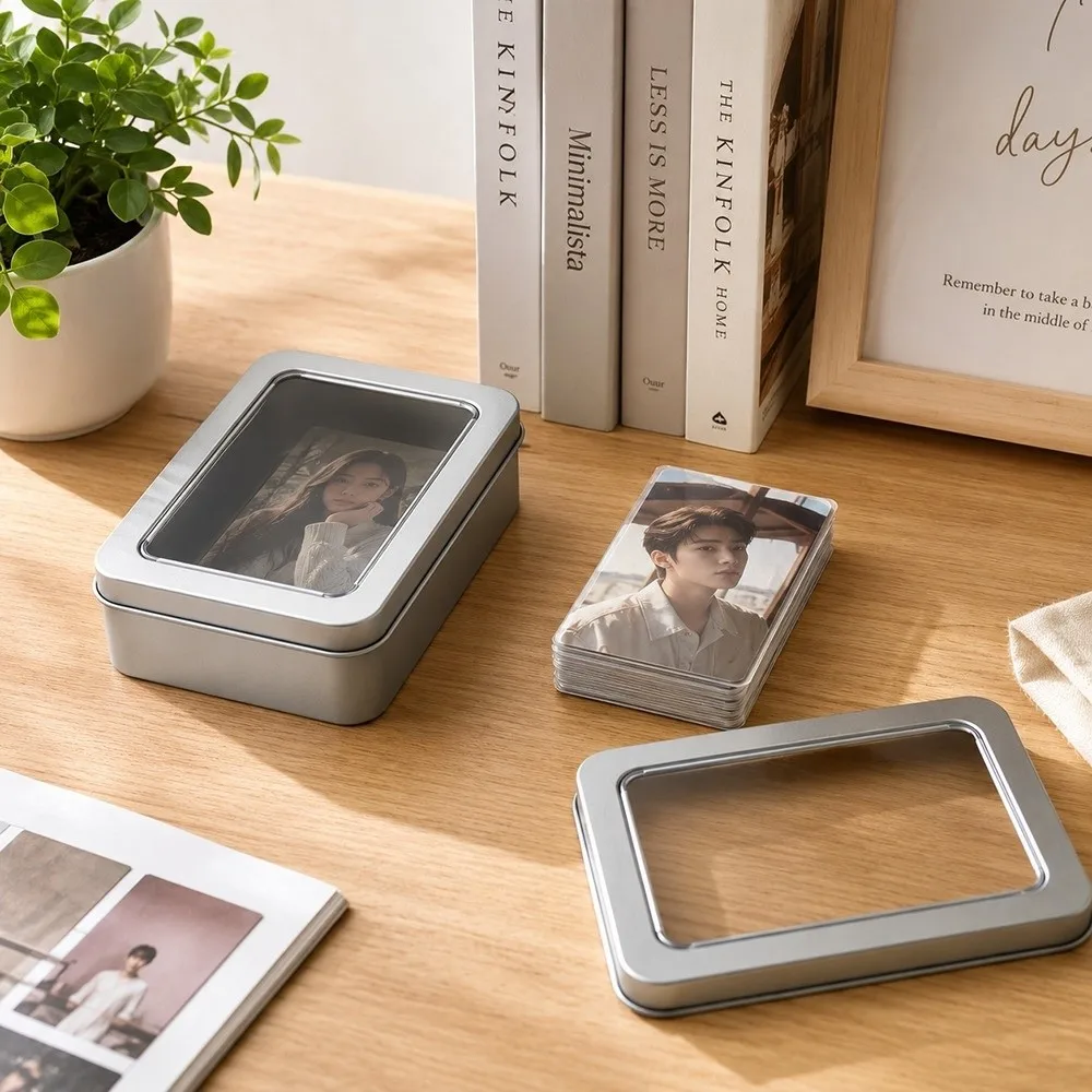 Portable Photocard Storage Box Tinplate Material Transparent Cover Desktop Organizer Box Korean INS-Style Dustproof