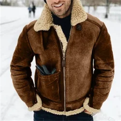 Winter Thick Men's Jacket Warm Faux Leather Warm Coats Fashion Turn Down Collar Contrasting Color Man Suede Fur One-Piece Jacket