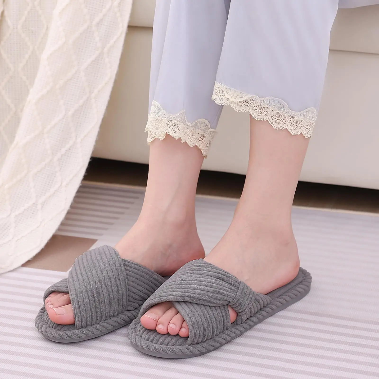 

Eyriphy Four Seasons Cotton Slippers Non-Slips Indoor Slippers With Memory Foam Flat Slippers Women Corduroy Cross Bow Home Shoe