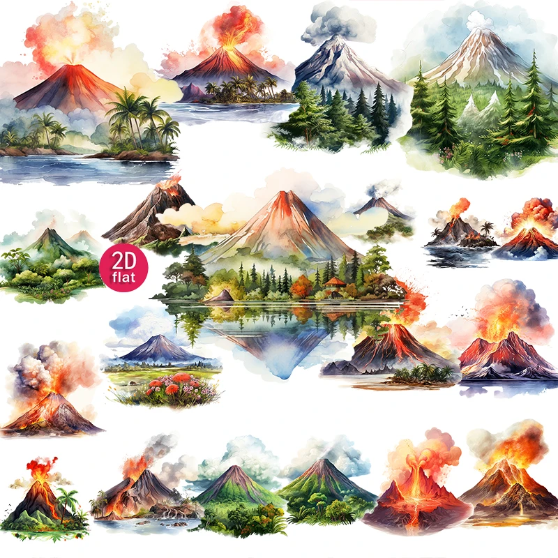 20pcs 2D flat Watercolor Volcano Stickers, Landscape Decorative Decals, Suitable for diaries and DIY scrapbook stickers