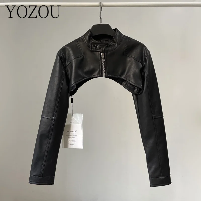 [YOZOU] PU Chic Vintage Black Faux Leather Zipper Zip Up Coat Biker Jacket Women Girls Smock Top Women High Street Bella Outfits