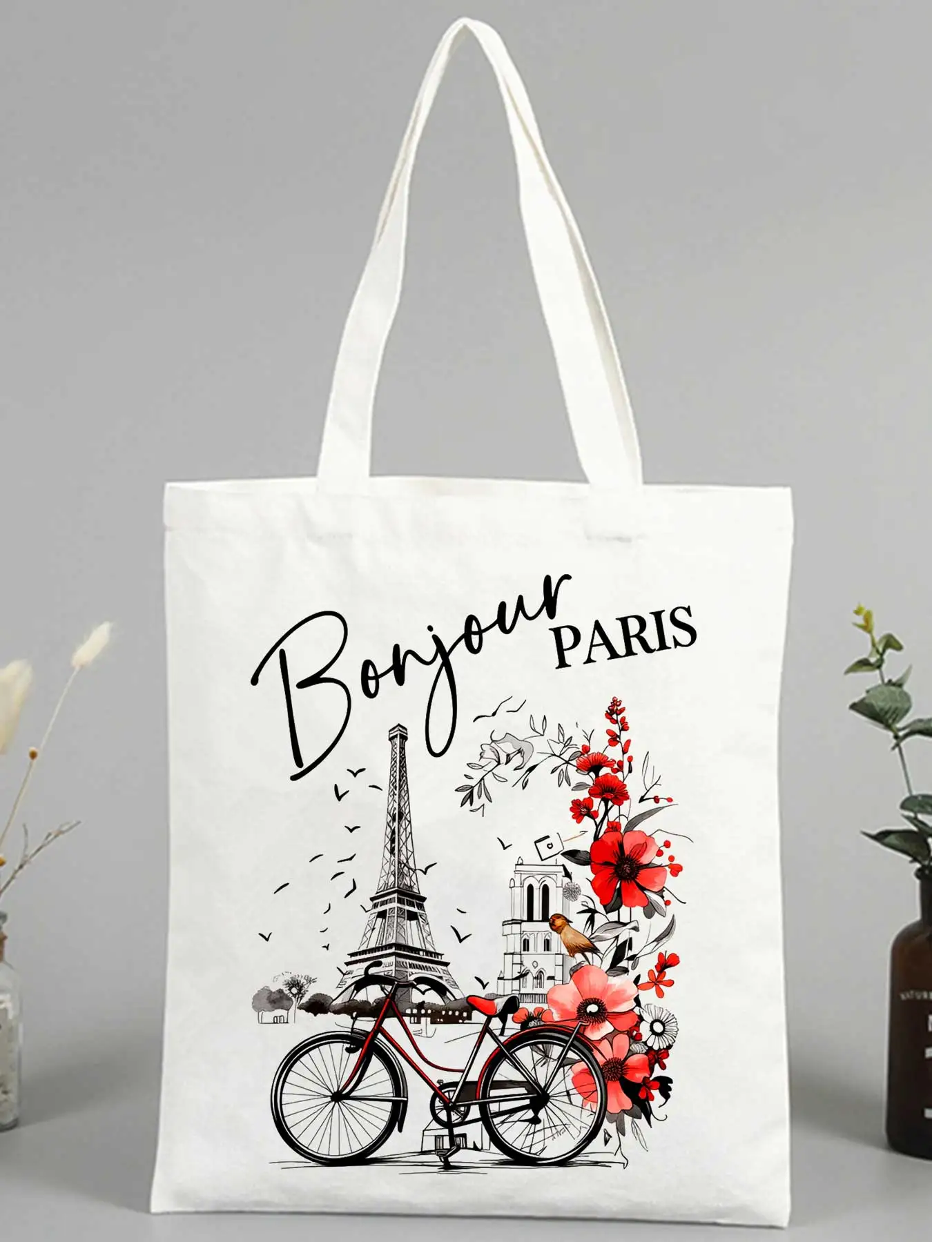 Paris Eiffel Tower and floral print canvas tote bag, vintage style for daily shopping and casual outings