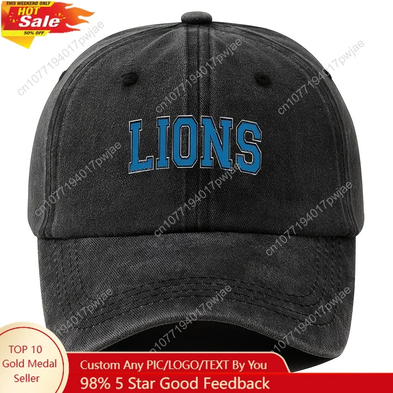 

Retro washed baseball cap with curved brim - adjustable snap-button dad cap, blue letter print "LIONS" baseball cap