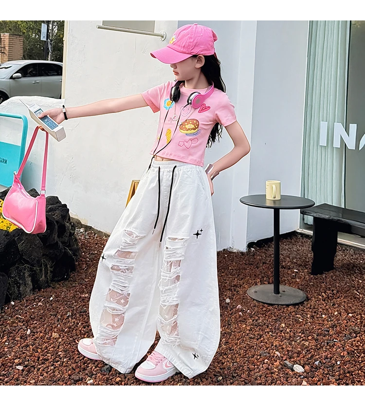 Teenager-Mädchen Mode Street-Style Y2K Kleidungsset Outfits für Mädchen Sommer T-Shirt + zerrissene Hosen Streetwear Coole Kinderkleidung Anzug – Detail 17