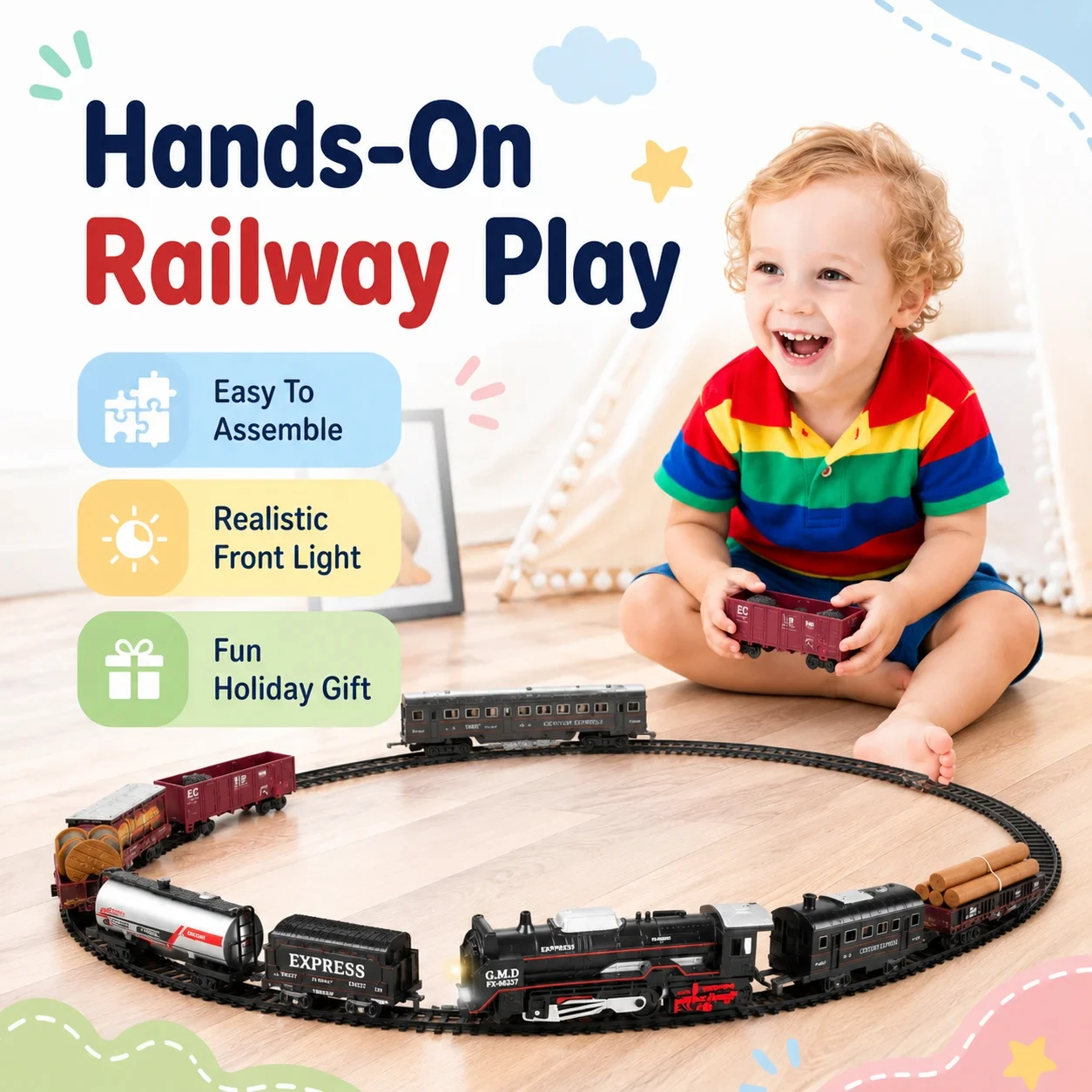 Vintage Steam Locomotive Electric Train Set Realistic Lights Sounds Classic Railway Interactive Toy Gift for Kids Boys Girls