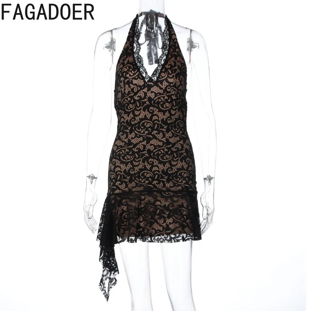 FAGADOER Sexy dentelle Patchwork moulante Mini robe pour les femmes licou sans manches dos nu robes femme Streetwear robes 2025 nouveau
