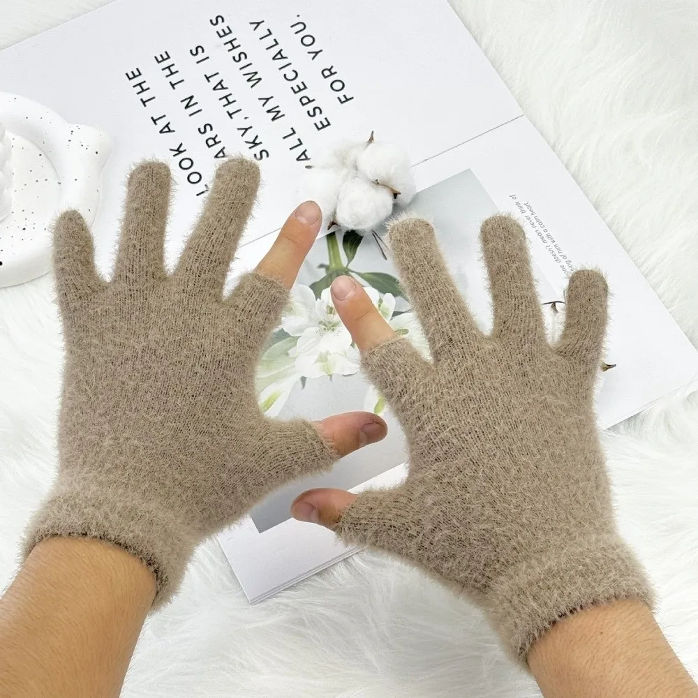 Solid Color Touch Screen Gloves Windproof Knitted Fabric Two-Finger Gloves Faux Rabbit Fur Unisex Design Warm Winter Gloves