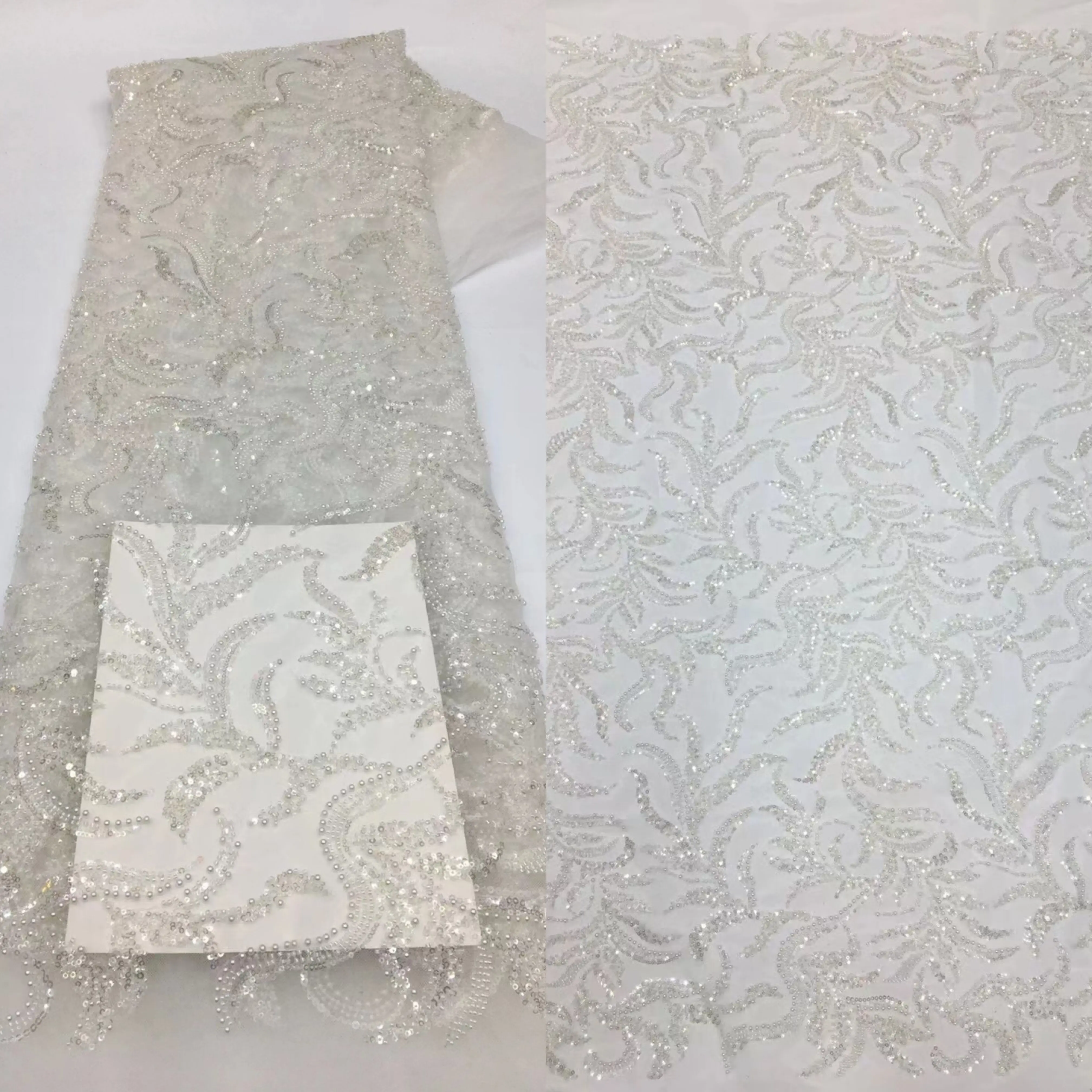 

African Lace Fabric beads S-1302373 High Quality French Mesh Lace Fabric With Sequins Nigerian Lace Fabrics For Wedding Dress