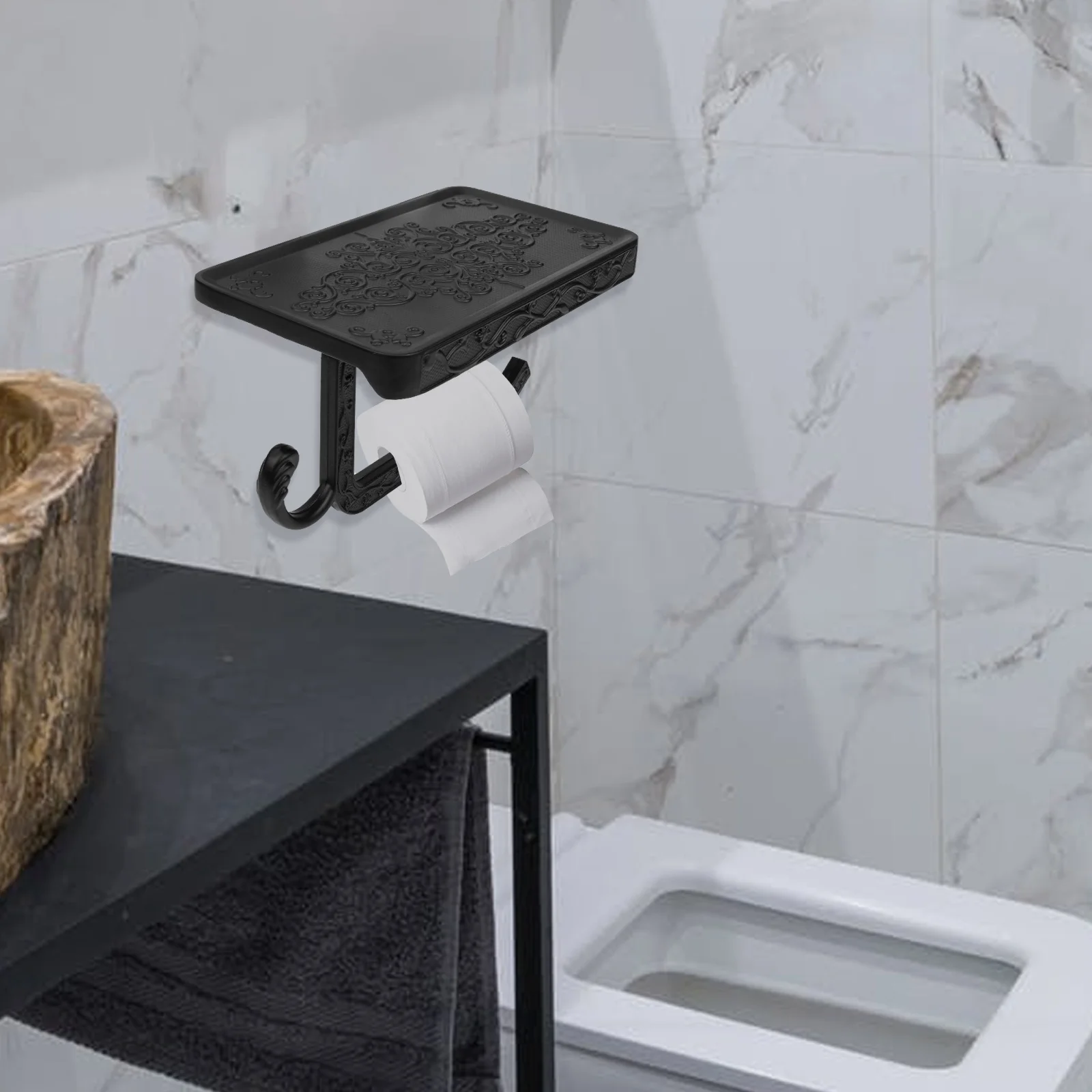 

Aluminum Black Paper Holder Shelf Durable Anti Rust Simple Installation Bathroom Kitchen Tissue Storage Wipes