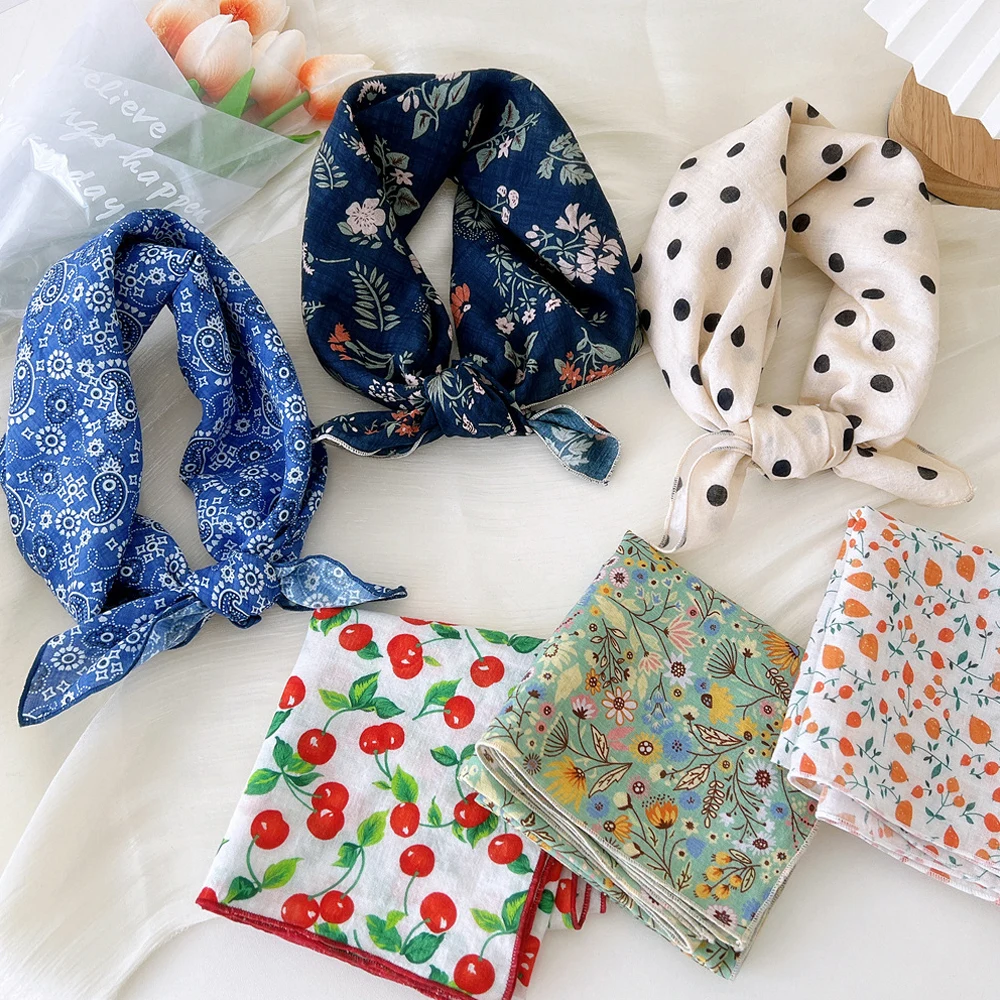 55cm Cotton Linen Square Scarf Cherry Floral Print Neck Tie Scarf Headkerchief Female Foulard Head scarf Women Hijab Bandanas