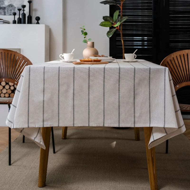 

Cotton Linen Table Cover Burlap Textured Fabric Tablecloth Striped Dust-Proof Tabletop for Kitchen Dinning Kitchen Party Holiday