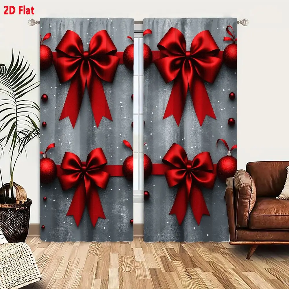 2Pcs Curtains 2D Flat Christmas Decorative Arrangement Red Bows Baubles Beads On Gray Snowflake Textured Background Window Drape
