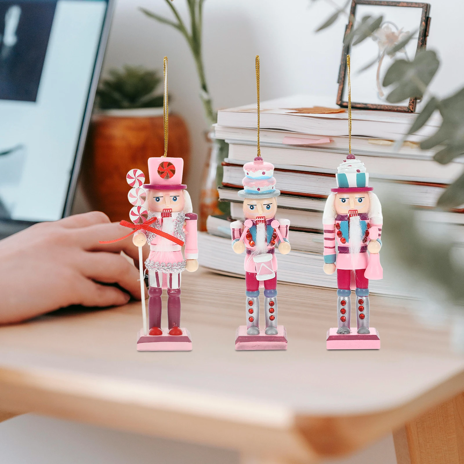 

3 Pcs Pink Candy Nutcracker Ornaments 13CM Wooden Christmas Decor Holiday Gifts Valentine Wedding Anniversary Small Figures