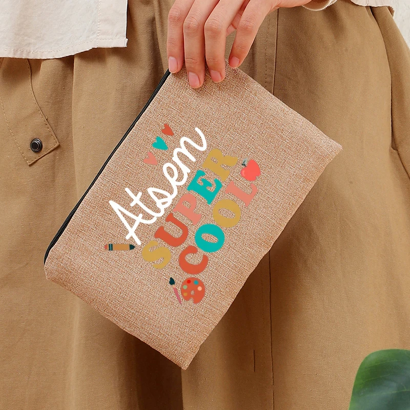 Super Atsem Maitresse Linen Toiletries Bag Zipper Office Supplies Pencil Case Wallet Multi-purpose Makeup Bags Gift for Teachers