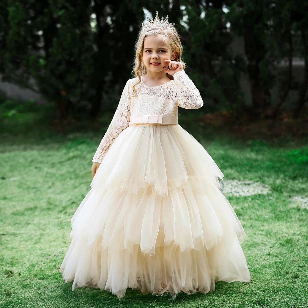 Lace Long Sleeve White Bridesmaid Dress For Girls Kids Princess Evening Dresses Children Girl Wedding Party Costume Clothes