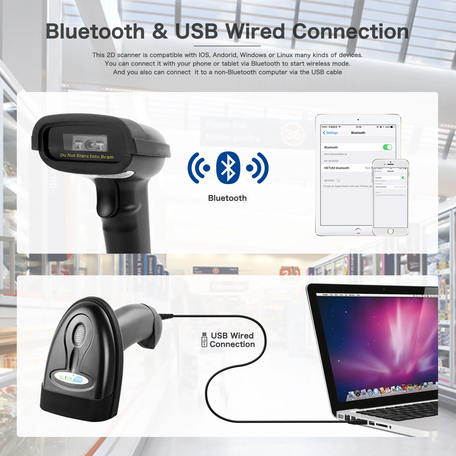 Imagen 6: NETUM-Lector de código de barras para inventario POS, dispositivo inalámbrico con Bluetooth, CCD, NT-1228BC