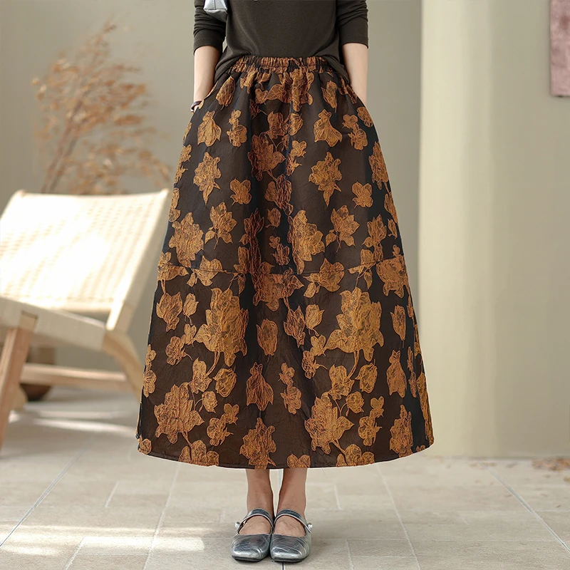 秋冬ハイウエストミディスカート エメッドフローラル カジュアル万能 レディースゴアードスカート Aラインシルエット ゴムウエスト