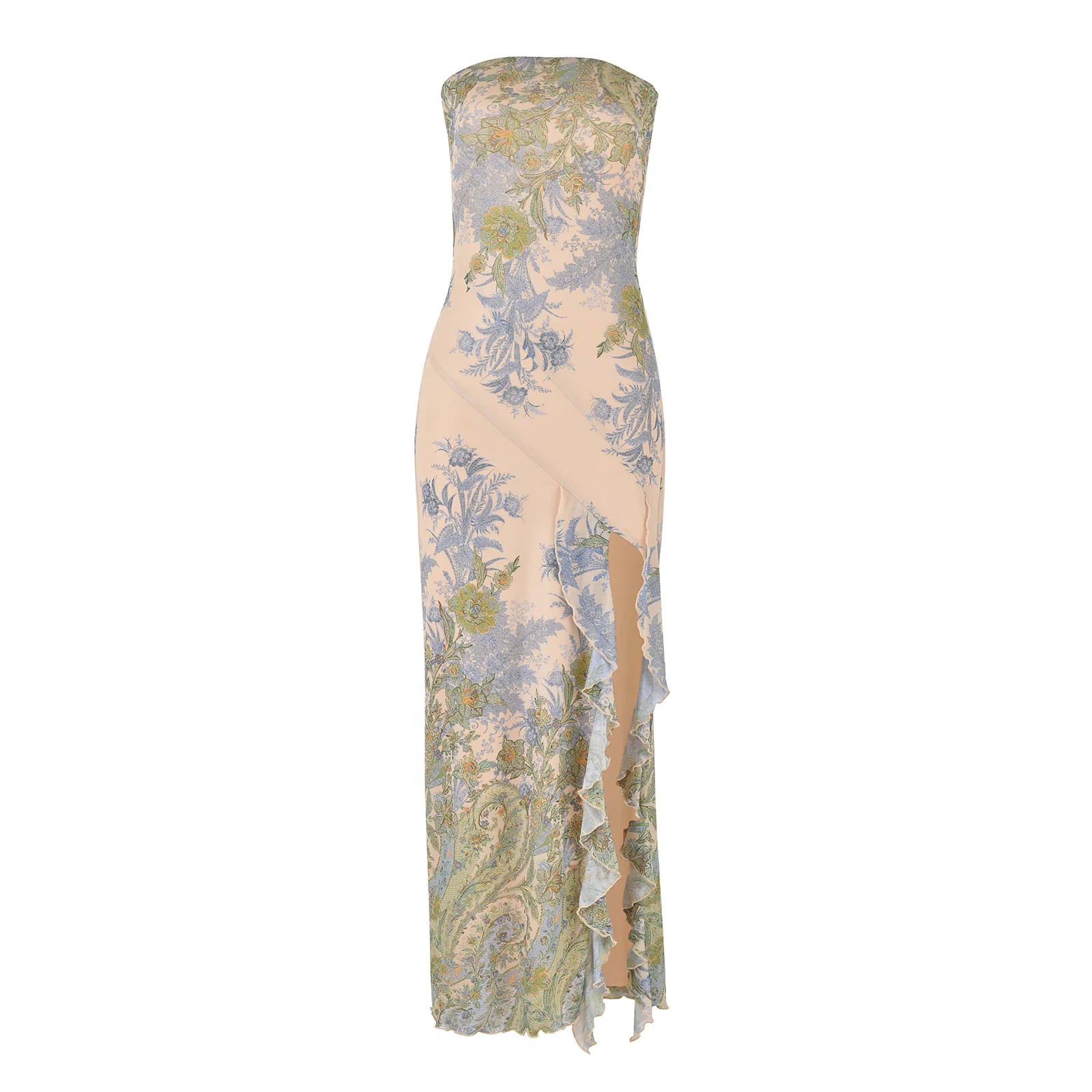 Robe longue à imprimé floral pour femmes, tenue de cocktail, sans bretelles, fendue, dos nu, boîte de nuit, été