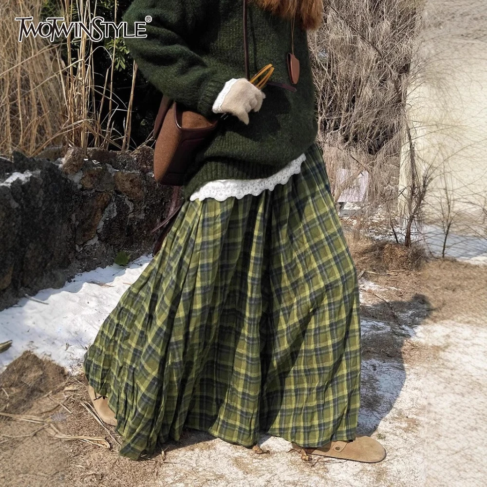 

TWOTWINSTYLE Hit Color Spliced Plaid Retro Skirt Female High Waist Loose Mori Girl Style Women's Long Skirts Autumn Fashion New