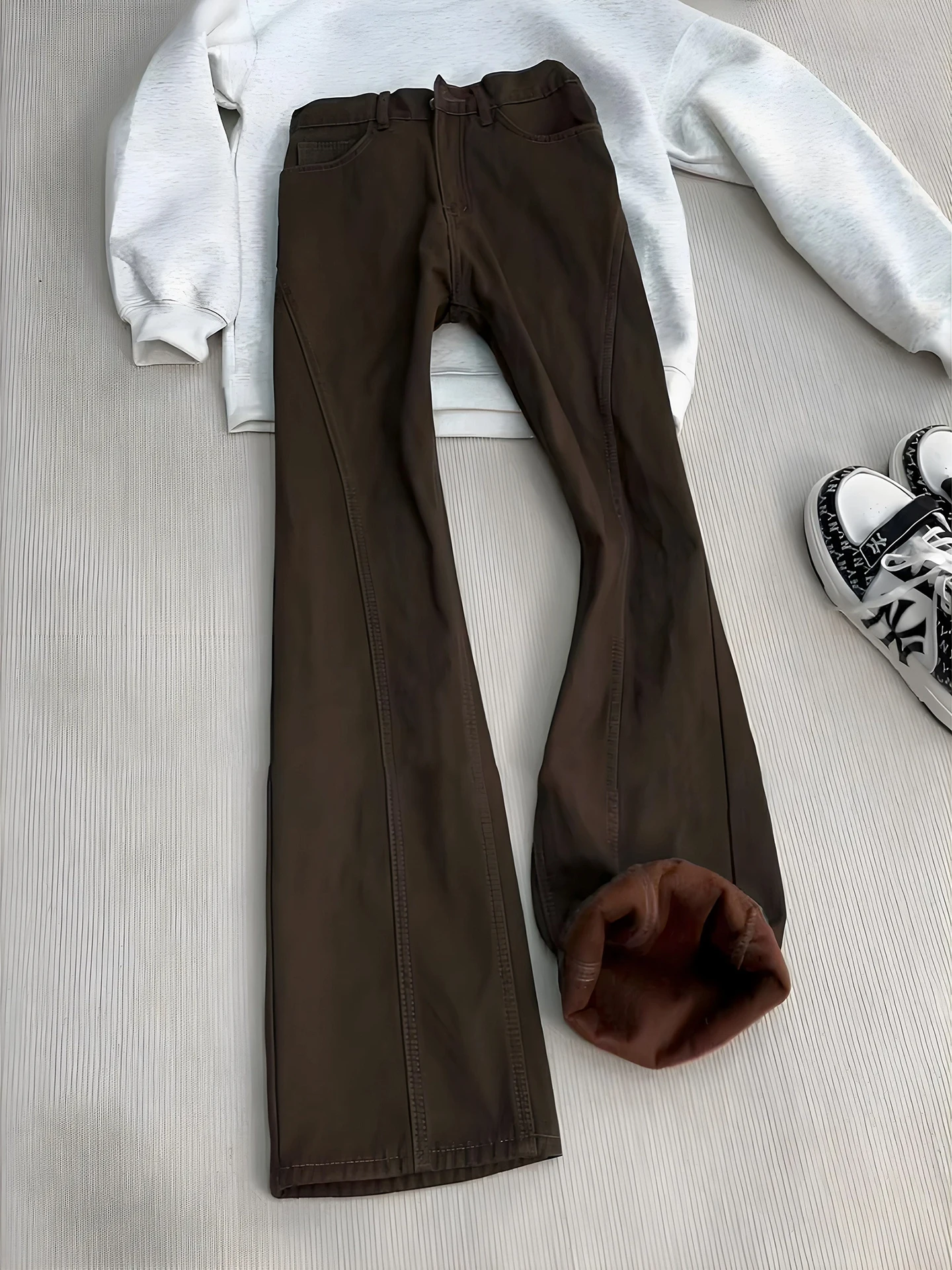 

Men's Fleece Lined Denim Jeans Low Waist Straight Leg Cotton Workwear Thickened Autumn Winter Slimming Flared Pants