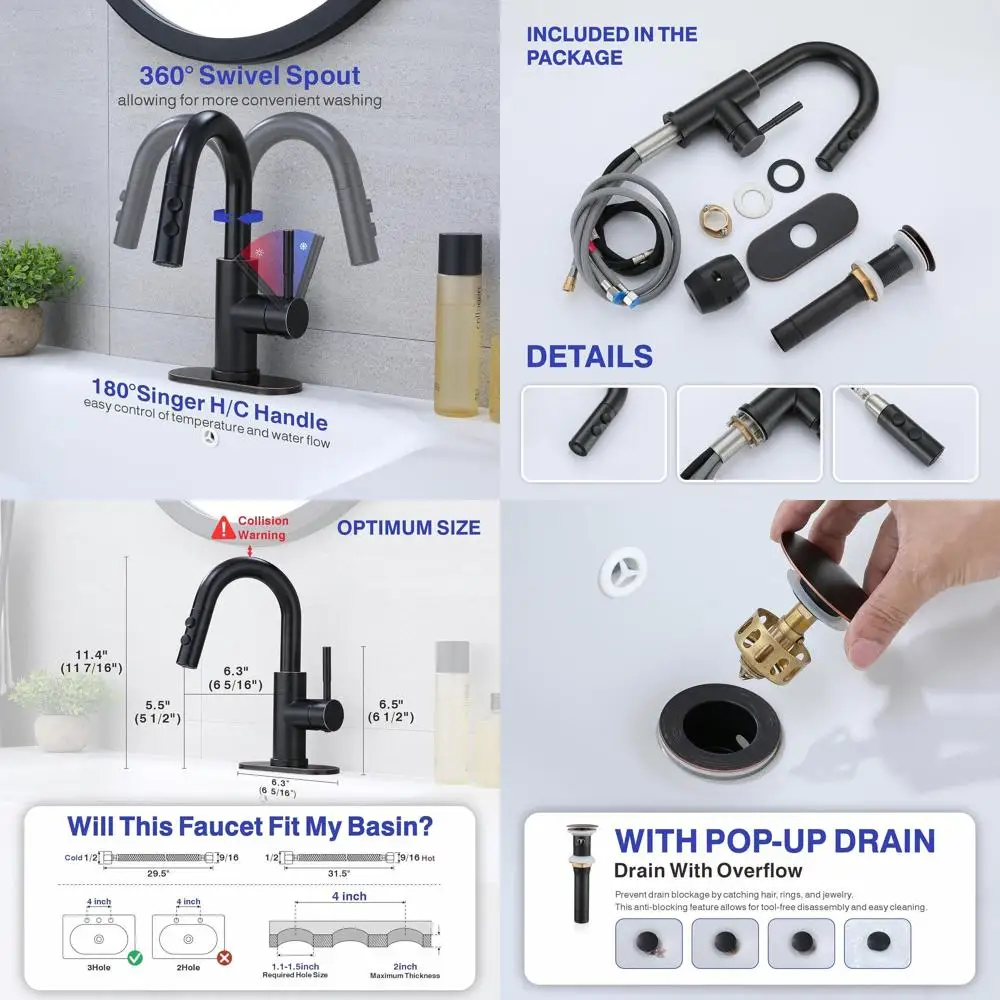 

Выдвижной смеситель с одной ручкой из масляной бронзы и выдвижным сливом для раковины в ванной комнате, варианты 1 или 3 отверстия