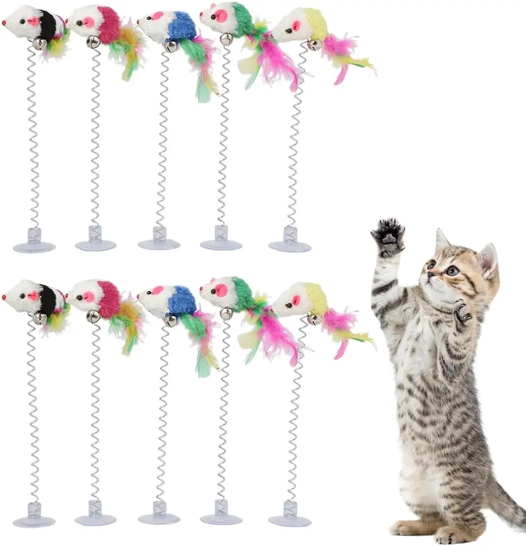 

10Pcs Cat Feather Toys,Cat Teaser Wand Interactive Kitten Cat Toys Swinging mouse Suction cup spring feather mouse with bell