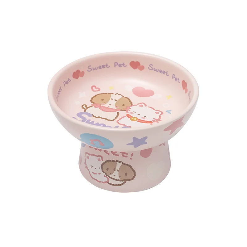 Ceramic Bowl 2024 New Children\'s Fun High Foot Pink Yellow Water Bowl for Neck Protection Cats and Dogs Cat and Dog Universal