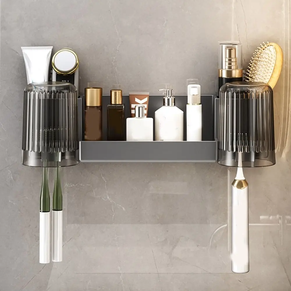 

Plastic Toothbrush Holder Wall Mounted Large Capacity Toothbrush Storage Rack Space Saving with Cups Toilet Storage Rack