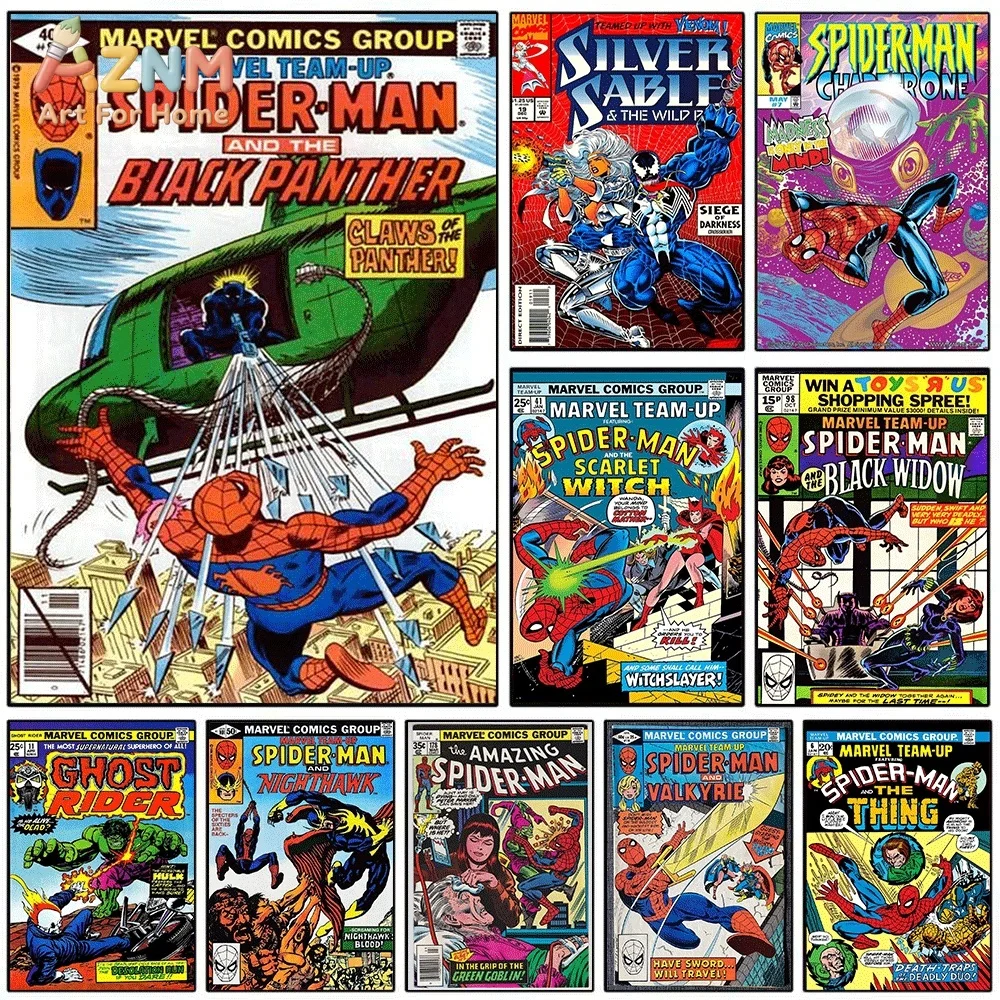 Vintage Marvel Team‑Up Spider‑Man and Black Panther Comic Cover Canvas Wall Art Retro Superhero Print Poster, Unframed Canvas