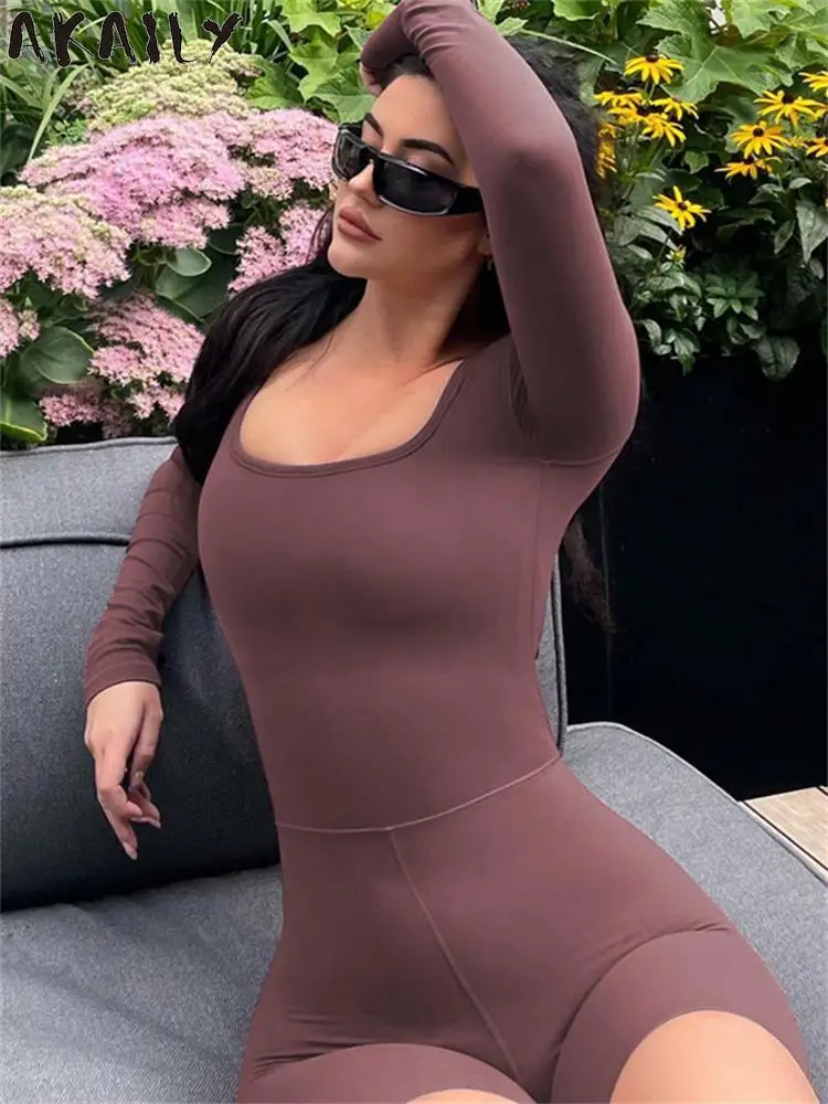 

Akaily Fall Winter Black Bodycon Romper Club Outfits For Women 2023 Fashion U Neck Hollow Out Yoga Activewear High Waist Rompers