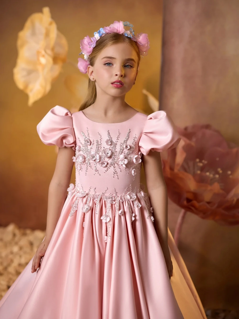Cute Sweet Pink Beaded 3D Flower Girls Dresses For Wedding Elegant Puff Sleeve A-line Satin Long Princess Gown Dancing Wear