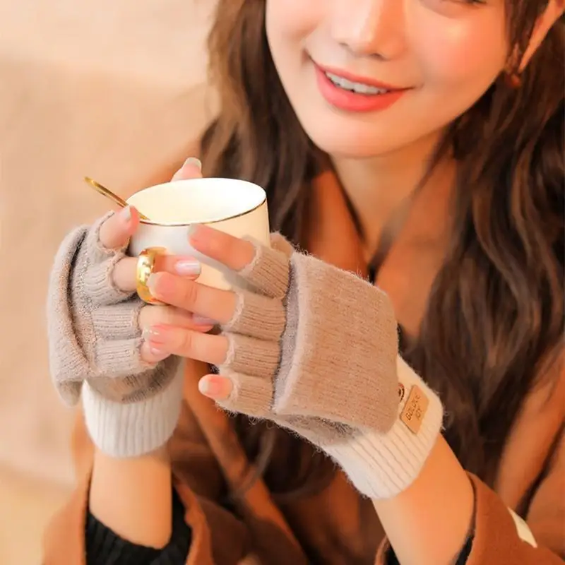 

652F Холодостойкие флип-перчатки для взрослых женщин, практичные перчатки с полным и половинным пальцем для набора текста