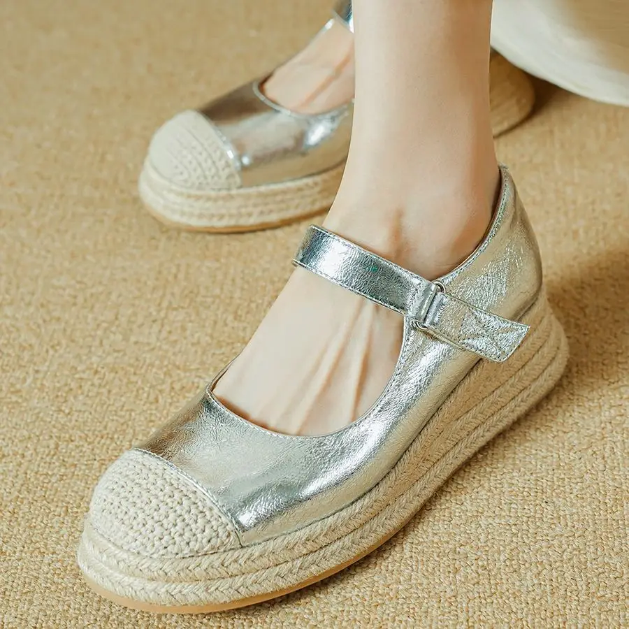 EAGSITY, zapatos Mary Jane plateados de cuero de vaca, zapatos de tacón con cuña para mujer, alpargatas, zapatos con correa en el tobillo, zapatos de tacón alto, calzado, zapatos casuales