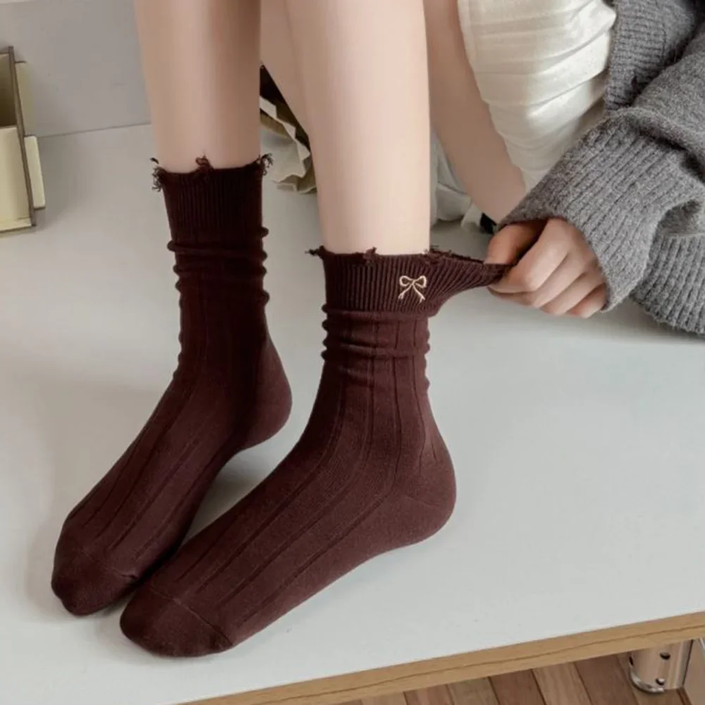 5 Pair Casual Solid Color Women Socks Fashion Stripes Cycling Female Socks Kawaii Embroidery Bow Autumn Winter Long Socks Woman
