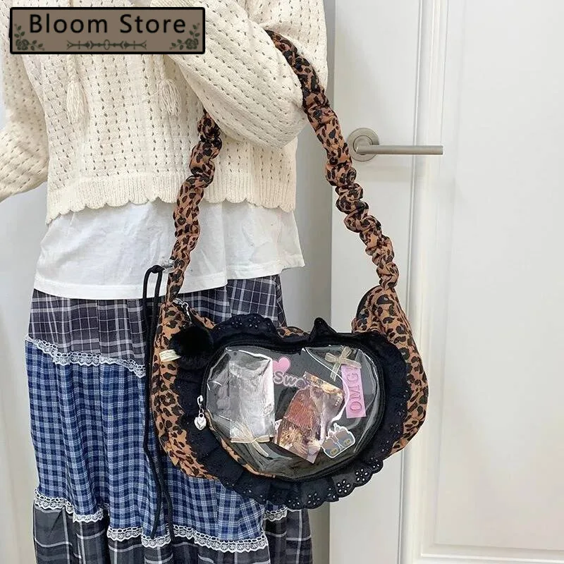 Transparent Heart Pleated Ita Bags Vintage All Match Women Casual Crossbody Bag Fashion Sweet Y2k Aesthetic Shoulder Handbags