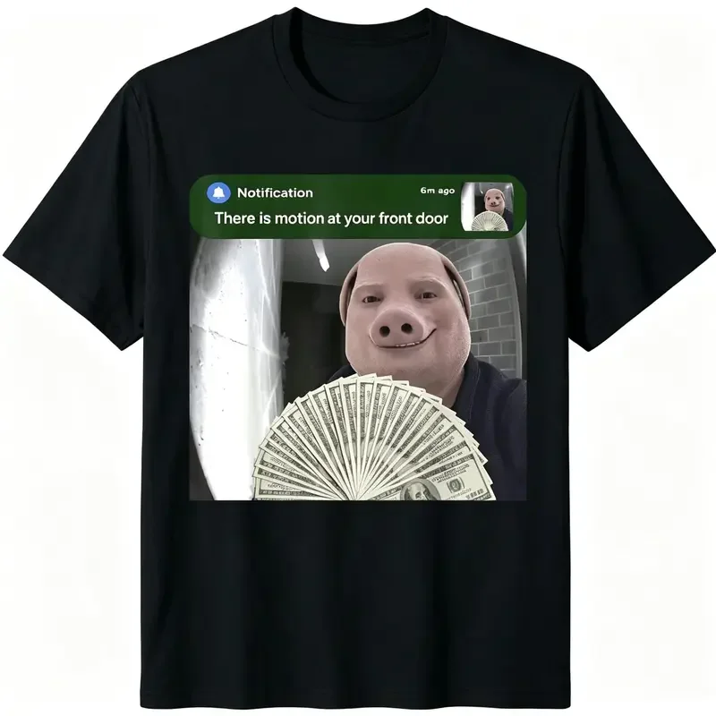 Men's Viral Internet Meme Graphic T-Shirt, There Is Motion At Your Front Door Funny Pig Doorbell Notification Meme Print Round Neck Short Sleeve Tee, Black Regular Fit Soft Humor Streetwear Top