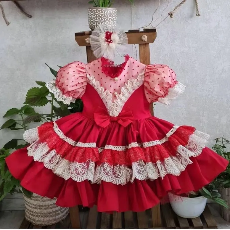 0-12Y Baby Girl Summer Red Turkish Vintage Lolita Princess Ball Gown Dress for Birthday Holiday Casual Eid