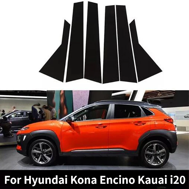 

6 шт./компл. автомобильные стойки, глянцевые фортепианно-черные для Hyundai Kona Encino Kauai 2018-2022 2023, наклейки на молдинг двери, окна