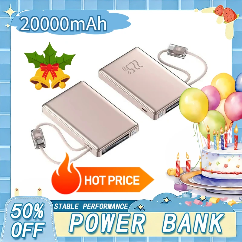 

Портативный аккумулятор (Power Bank) 20000 мАч 2-в-1 с большой емкостью, встроенными кабелями, быстрой зарядкой 22.5 Вт для iPhone, Samsung, Xiaomi