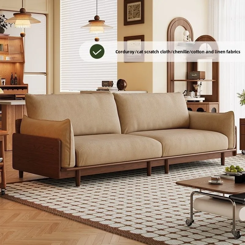 Retro fabric solid wood sofa, removable and washable walnut color living room new Chinese sofa