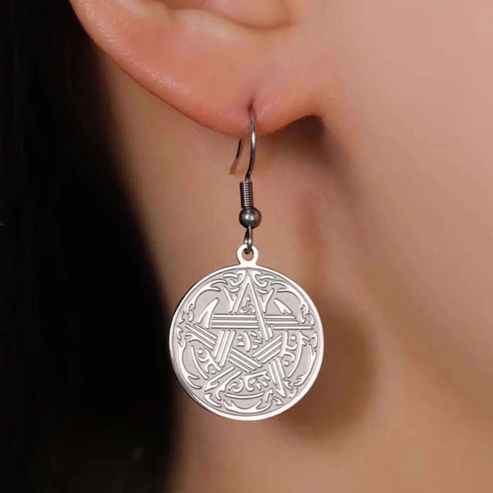 LIKGREAT Stainless Steel Goth Pentagram Pentacle Star Drop Earrings for Women Circle Trinity Knot Amulet Jewelry Christmas Gifts