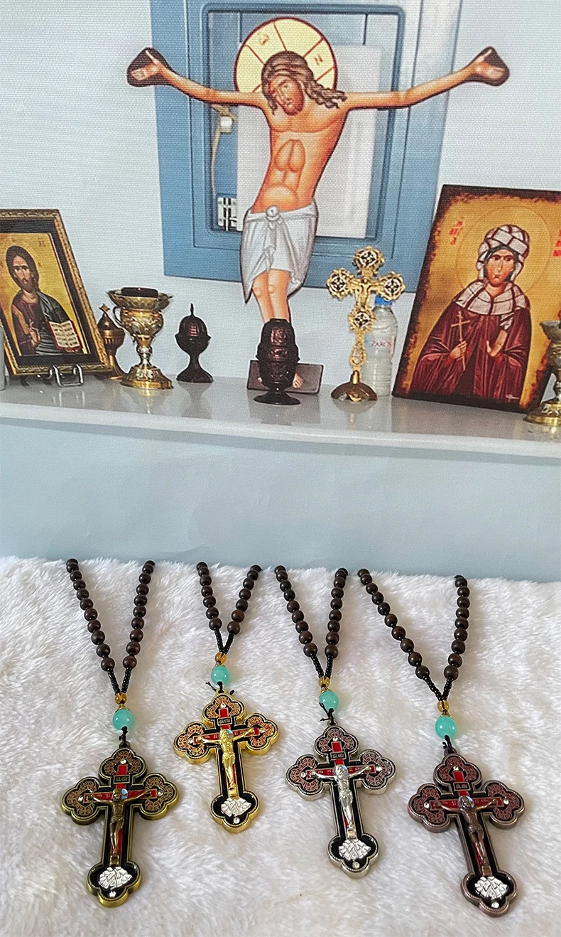 HTISOK Orthodoxes Kruzifix Goldkreuz-Halskette Holz-Rosenkranz Perlenkette Religiöser Jesus-Gebetsschmuck Religiöse Dekoration & Geschenk – Detail 1