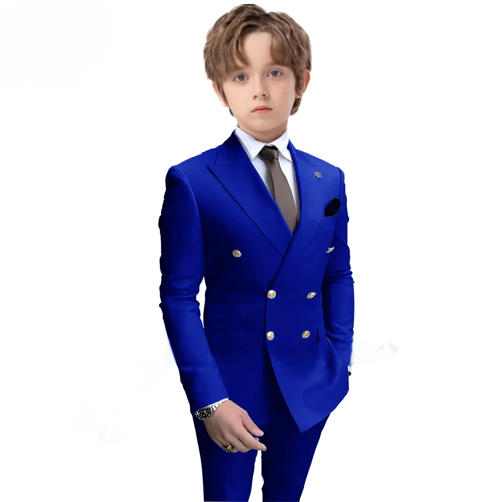 Navy Blue Boys 2 Piece Suit Double Breasted Blazer Kids Wedding Tuxedo Jacket Pants Formal Child Clothes 2-16 Years Old